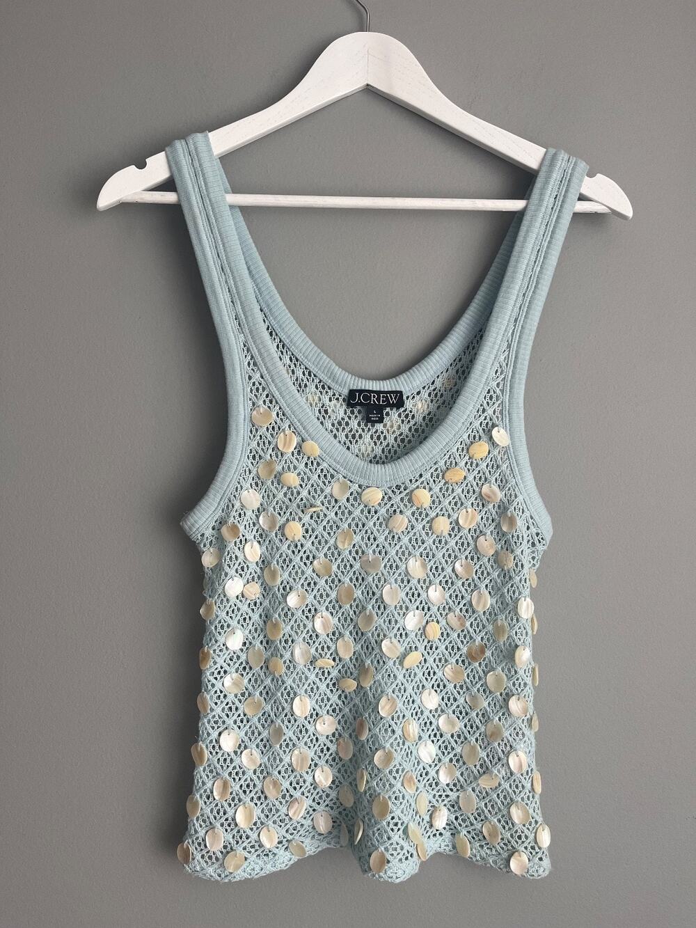 J.Crew Women's Open Knit Shell Paillette Tank S Light Blue Coastal Boho Resort